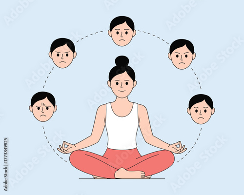 Woman in lotus position surrounded by different emotional expressions concept