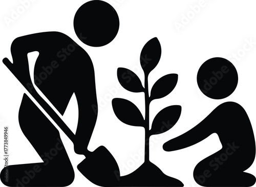 Silhouette children planting tree together in garden vector illustration