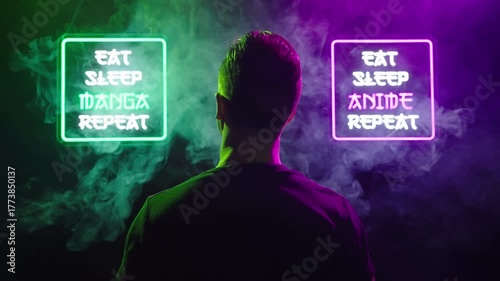 Male person look between two futuristic neon signs Eat Sleep Manga Repeat 4K