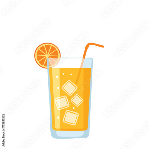 Cold fresh orange juice drink with a straw and a citrus slice, isolated white illustration