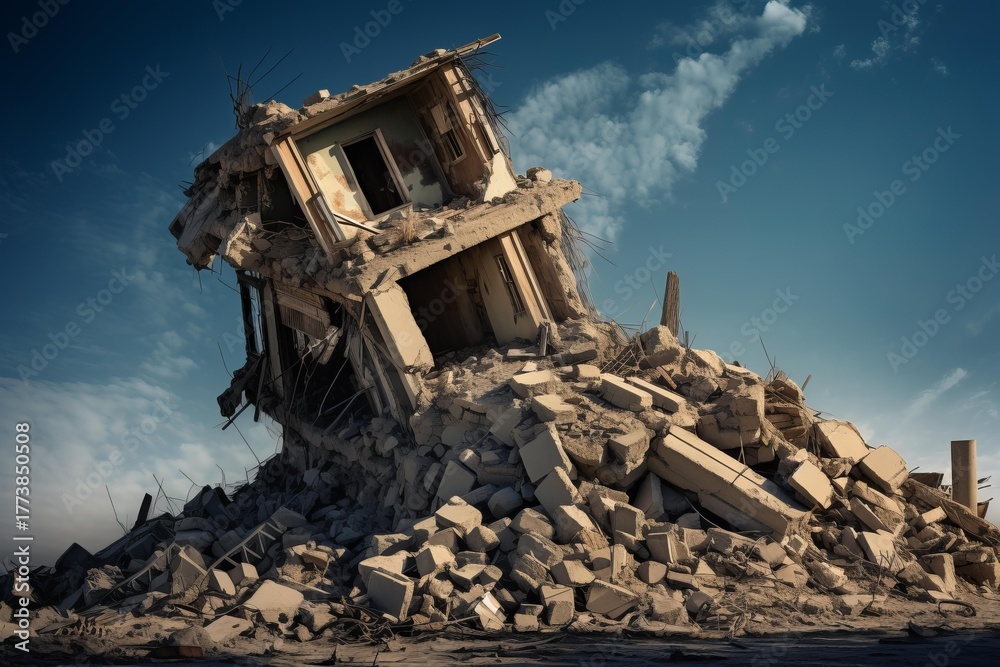 Fototapeta premium Destroyed building collapsing under clear blue sky after earthquake