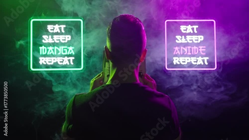 Person reading manga between two futuristic neon signs Eat Sleep Manga Repeat 4K