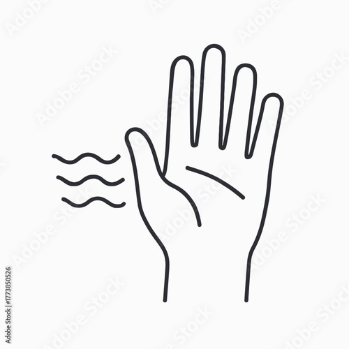 This clean black and white line drawing features an open human hand with wavy lines, effectively symbolizing a sensation of heat, vibration, or an emphatic stop signal.