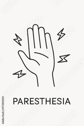 A minimalist line art icon illustrates paresthesia, depicting a human hand with lightning bolts symbolizing uncomfortable tingling, numbness, or burning feelings.