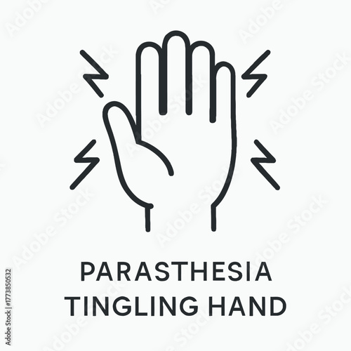 A clear line icon illustrates the medical symptom of paresthesia, depicting a hand with tingling, numbness, or 'pins and needles' sensation, indicating nerve issues.
