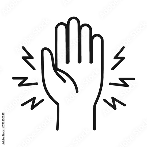 A minimalist black outline vector illustration depicts a human hand experiencing a sudden, sharp, or electric sensation, emphasized by radiating lightning bolts.