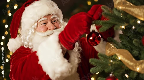 Man in festive costume decorating christmas tree
