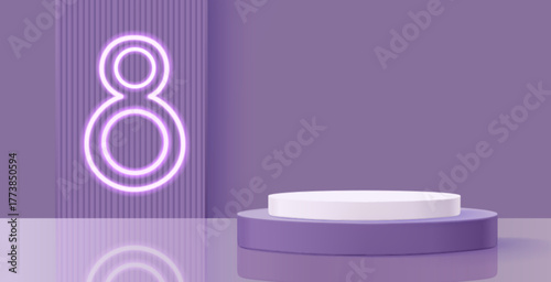 8 March podium with neon number and product display for 3d product presentation and women day celebration scene. Purple cylindrical platforms for showcase or advertising. Minimalist stage design.