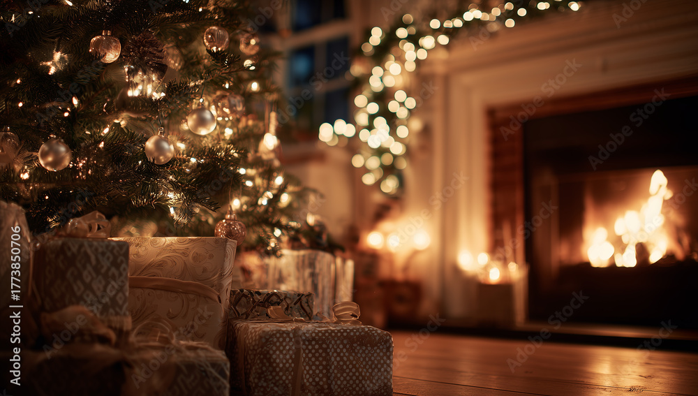 Obraz premium Cozy Christmas Scene with Decorated Tree and Gifts