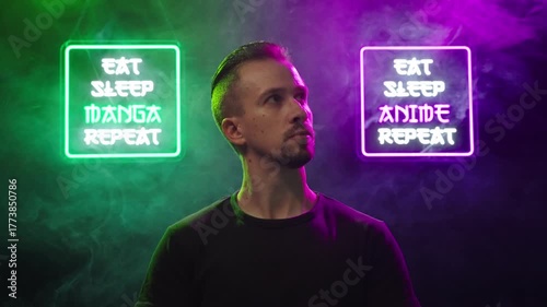 Male person look between two futuristic neon signs Eat Sleep Manga Repeat 4K