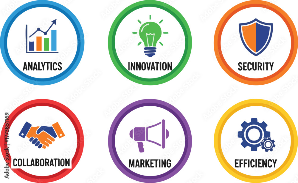 Fototapeta premium A vibrant graphic illustration showcases six circular icons representing key business concepts such as analytics, innovation, security, collaboration, marketing, and efficiency, ideal for