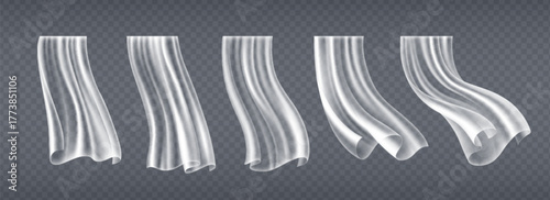 Transparent white curtains set isolated on background. Vector realistic illustration of tulle fabric drape flying in wind, home textile with soft folds, breeze blowing in silky tulle, chiffon texture