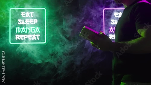 Person reading manga between two futuristic neon signs Eat Sleep Manga Repeat 4K