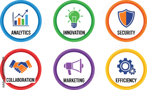 A vibrant graphic illustration showcases six circular icons representing key business concepts such as analytics, innovation, security, collaboration, marketing, and efficiency, ideal for