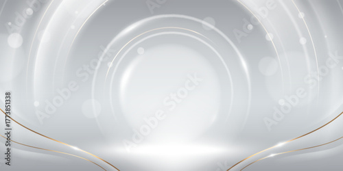 Silver luxury award background with golden lines and glowing circles for premium achievement design. Elegant metallic waves, bright center and radiant effects for ceremony or recognition presentation.