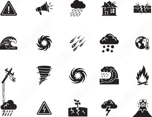 Disaster and Weather Hazard Silhouette icon collection. Includes Silhouette symbols disaster, weather, hazard, climate, emergency, warning and more. Isolated icons. Disaster icon set. Minimalist icons