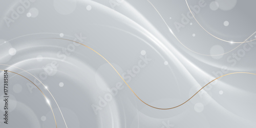 Abstract white background with golden waves. Vector realistic illustration of luxury backdrop with elegant gold lines and light flare spots, smooth silky texture, beautiful presentation template