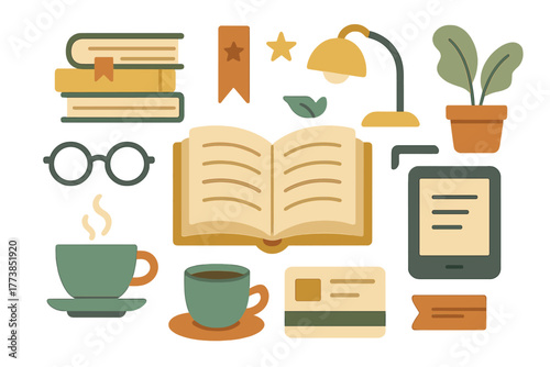Collection of reading and study essentials: stacked books, steaming coffee, desk lamp, and e-book reader