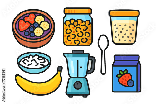 Healthy breakfast ingredients set with fruit, granola, yogurt, and blender