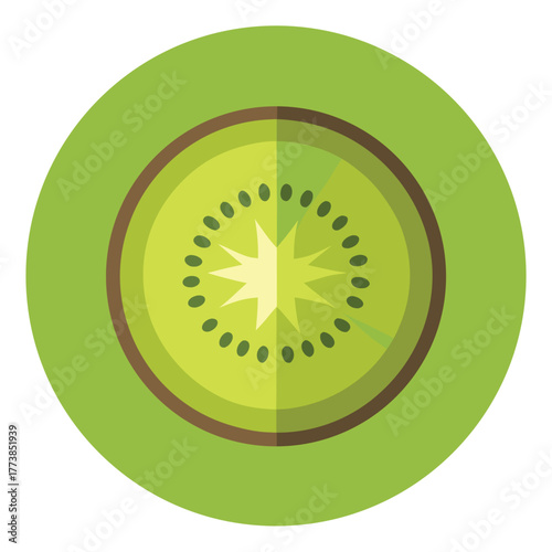 Flat design icon of a kiwi fruit with a detailed cross section showing seeds and flesh