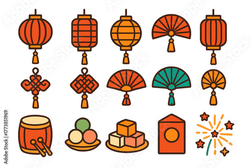 Traditional Chinese New Year celebration symbols including lanterns, folding fans, decorative knots, and drum