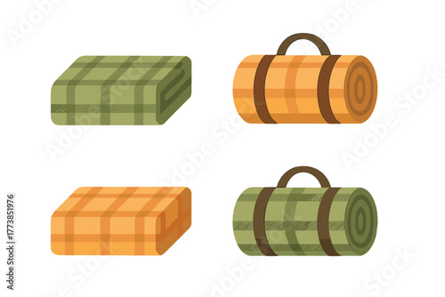 Plaid camping mats and picnic blankets folded and rolled up for easy transport and storage