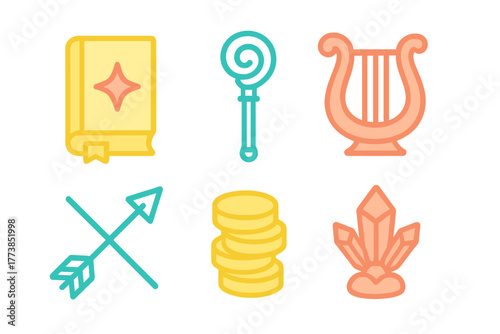 Colorful fantasy role-playing game icons set featuring magic items, weapons, currency, and music