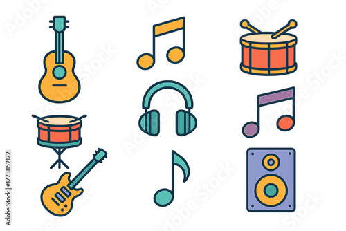 Set of colorful musical instruments and sound equipment symbols in flat design style