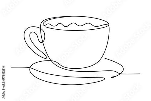 Continuous line art shows a cup with liquid sitting on saucer on white background