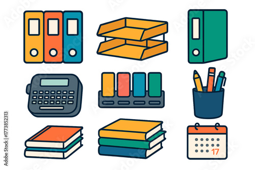 Colorful set of office supplies and stationery icons for business organization and planning