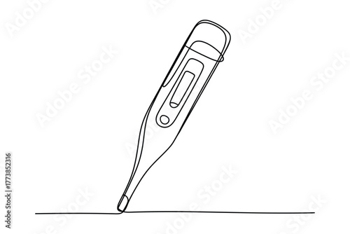 Continuous line art shows modern digital thermometer standing upright against a white background