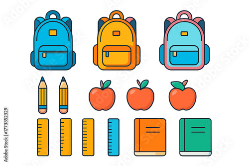 Brightly colored school supplies: backpacks, pencils, apples, rulers, and notebooks
