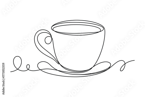 Continuous line shows simple coffee cup drawing on a saucer against white background