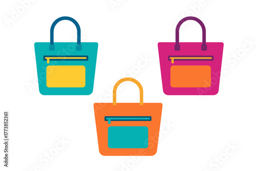 Three brightly colored modern flat design tote bags with handles and zipper pockets