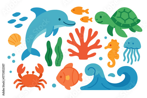 Colorful smiling marine animals set including dolphin turtle crab and jellyfish