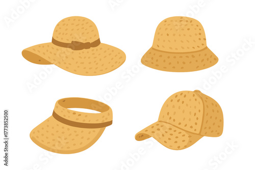 Set of summer straw headwear styles including wide brim sun hat, bucket hat, visor, and baseball cap