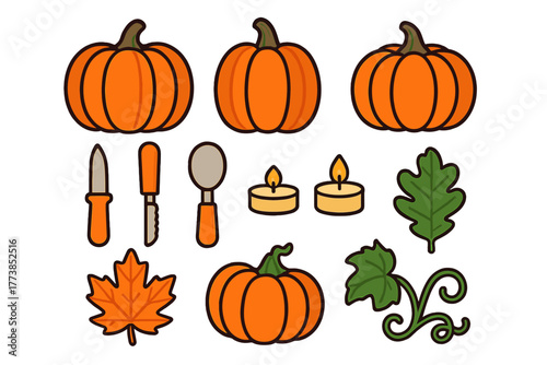 Set of seasonal autumn elements including various pumpkins, carving utensils, maple and oak leaves, and burning tea lights