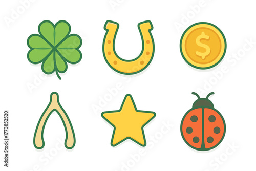 Collection of six popular good luck charms and symbols including four leaf clover, horseshoe, wishbone, and ladybug