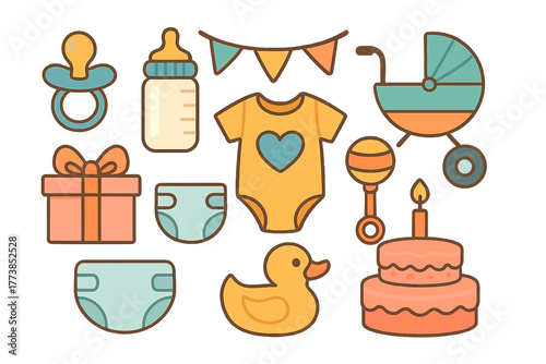 Set of essential items and accessories for newborn babies and baby shower celebration