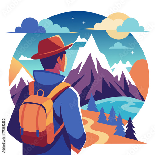 Adventurer with backpack gazing at majestic snowy mountains and serene lake isolated on white background isolated on transparent background