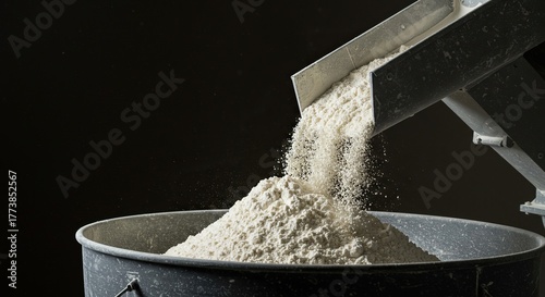 Freshly milled white flour pouring from a chute into a large container, showcasing its fine texture and pristine quality ,production ,factory ,cooking