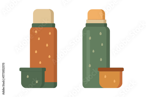 Two stylized thermoses with cups for hot beverages and camping gear accessories on white background