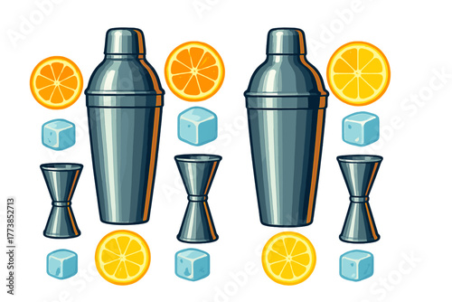 Professional bar accessories including metal cocktail shakers jiggers and fresh orange slices with ice