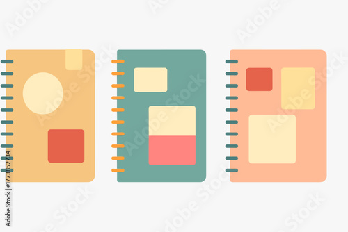 Three colorful spiral bound notebooks with abstract cover designs for education and planning