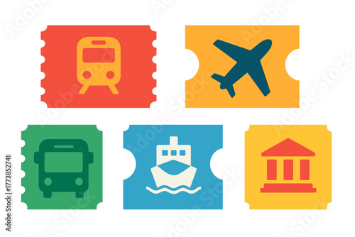Colorful set of transportation and destination tickets with travel and tourism icons