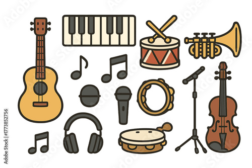 Set of musical instruments and audio equipment icons including guitar piano and drums