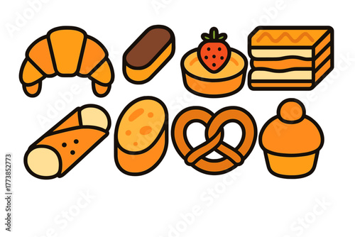 Collection of popular bakery items and sweet desserts including croissant, pretzel, and cake