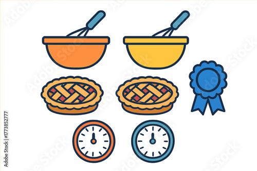 Collection of baking contest icons including mixing bowls, fruit pies, timers, and award ribbons