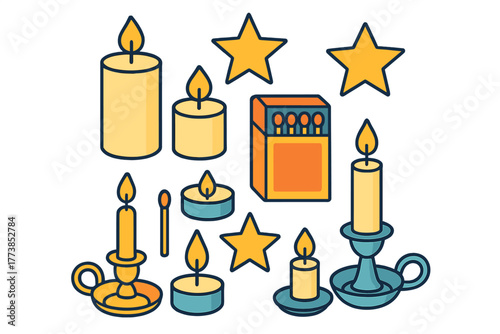 Collection of burning candles in various sizes with matchbox and golden stars