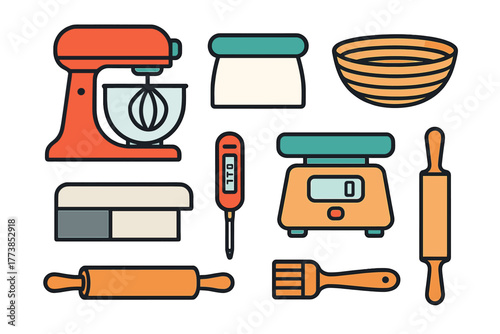 Colorful icons of essential cooking and baking supplies and measurement tools